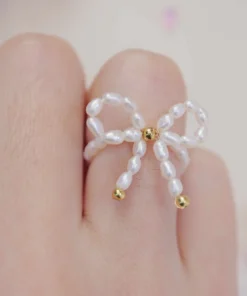 Charming Pearl Bow Promise Ring with Golden Accents