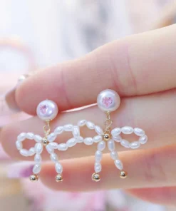 Customizable Bow Pearl Earrings with Heart-Shaped Pink Gemstone