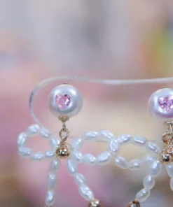 Customizable Bow Pearl Earrings with Heart-Shaped Pink Gemstone