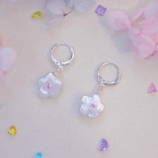 Customizable Pink Gemstone Floral Pearl Earrings in Sterling Silver