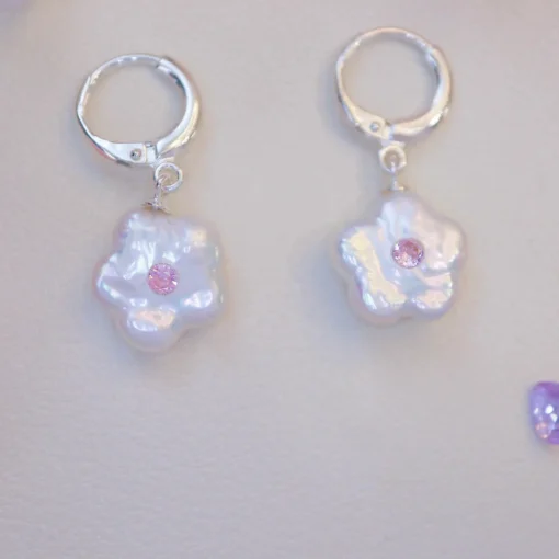 Customizable Pink Gemstone Floral Pearl Earrings in Sterling Silver