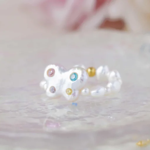 Enchanted Butterfly Pearl Ring with Multicolored Gemstones