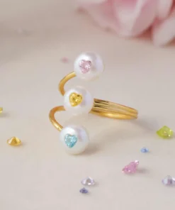 Gold-Plated Silver Three Pearl Ring with Colorful Gemstone Inlay