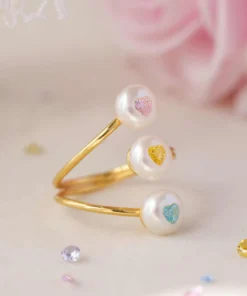 Gold-Plated Silver Three Pearl Ring with Colorful Gemstone Inlay