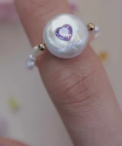 Handcrafted Amethyst Heart Baroque Pearl Ring in a Beaded Gold-Plated Design
