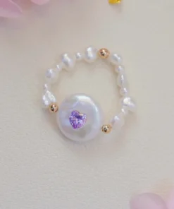 Handcrafted Amethyst Heart Baroque Pearl Ring in a Beaded Gold-Plated Design