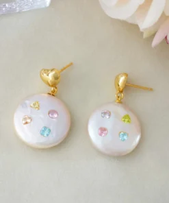 Multicolored Gemstone Baroque Pearl Drop Earrings with Gold-Plated Heart Detail