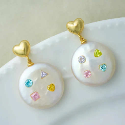 Multicolored Gemstone Baroque Pearl Drop Earrings with Gold-Plated Heart Detail