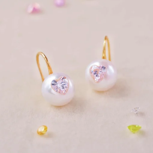 Pink Freshwater Pearl Earrings - Gold Plated Sterling Silver Hooks, Heart Accent