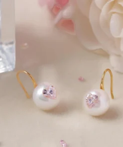 Pink Freshwater Pearl Earrings - Gold Plated Sterling Silver Hooks, Heart Accent
