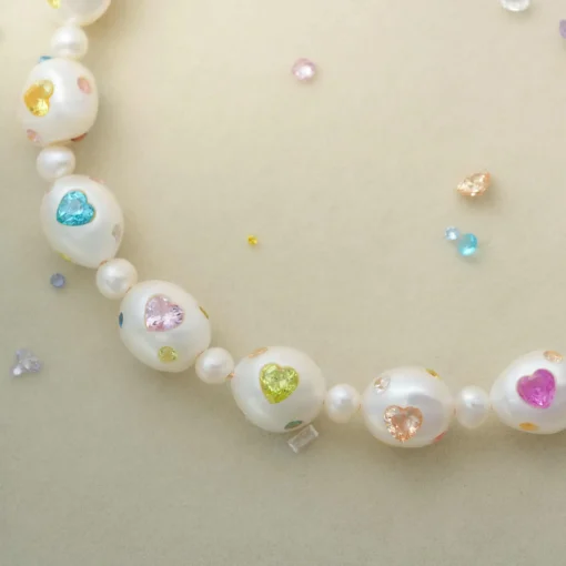 Romantic Baroque Pearl Choker with Heart Gemstone Accents