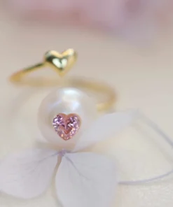 Romantic Pearl Wedding Ring with Dual Heart Design