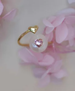 Romantic Pearl Wedding Ring with Dual Heart Design